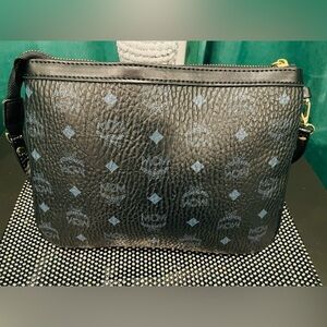 MCM Visetos Black and Gold Crossbody Bag